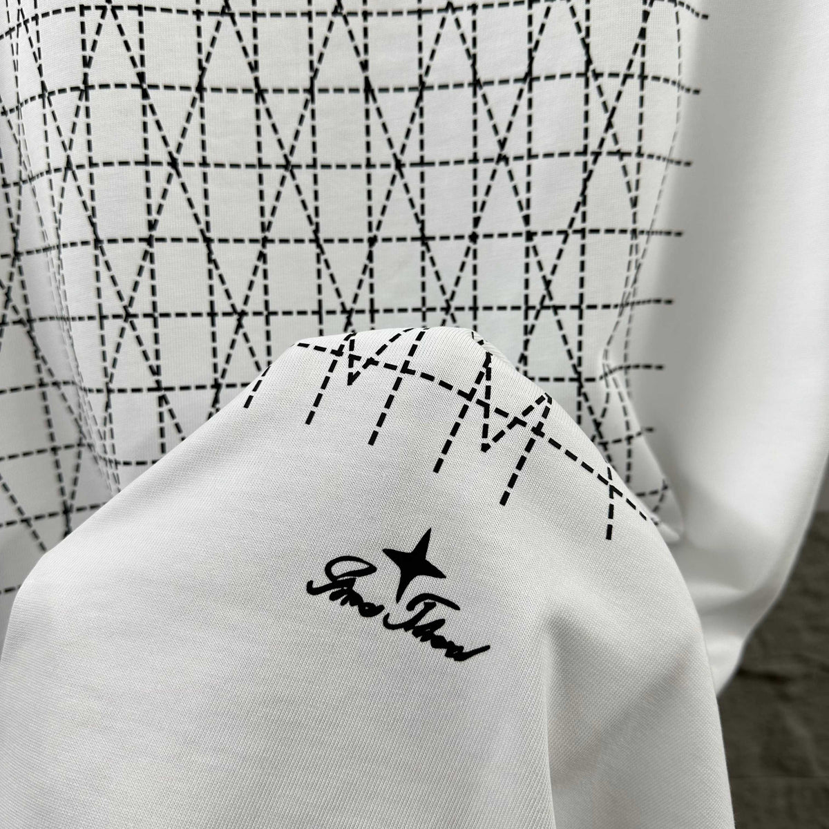 Stone Island Script Logo Embroidery T-Shirt with Dashed Geometric Lattice Back Print
