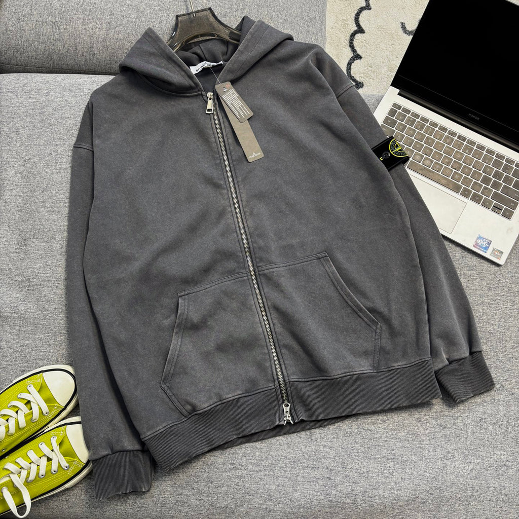 Stone Island Washed Zip-Up Hoodie with Purple Compass Badge
