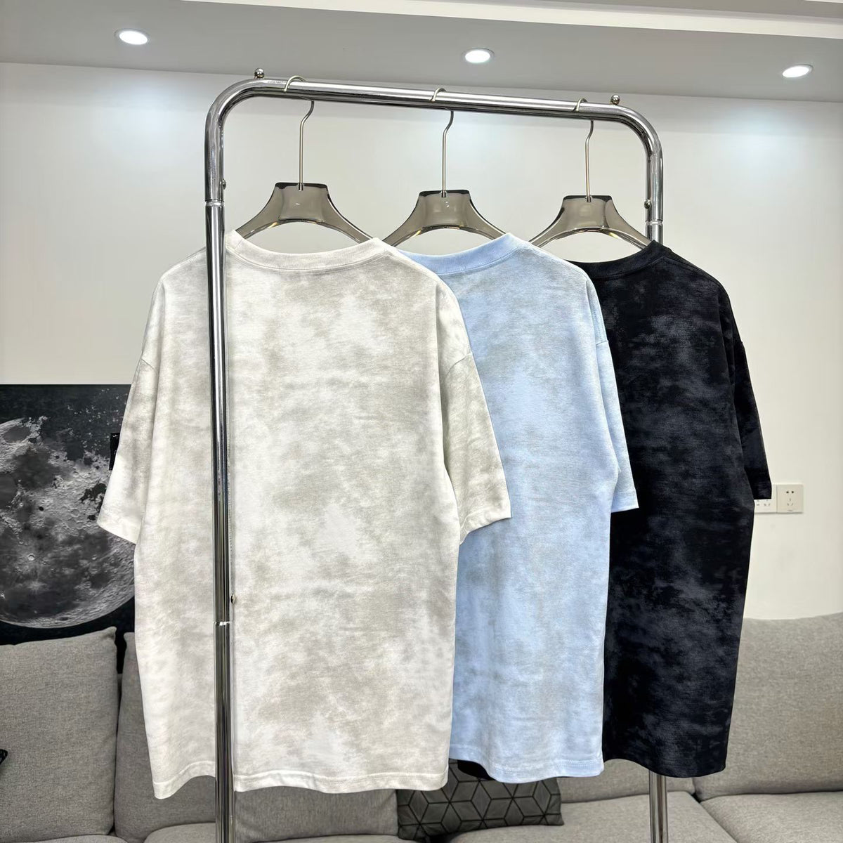 Stone Island Garment-Washed Cloud Pattern Oversized Cotton Tee with Compass Badge