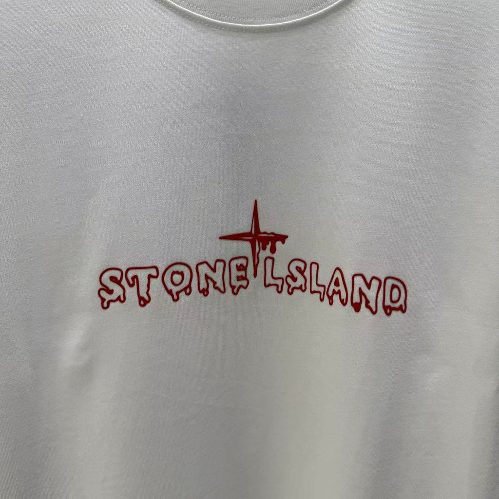 Stone Island Spring–Summer 2026 T-Shirt — Flock-Print Bubble Letter Logo, Compass Star Centre Chest