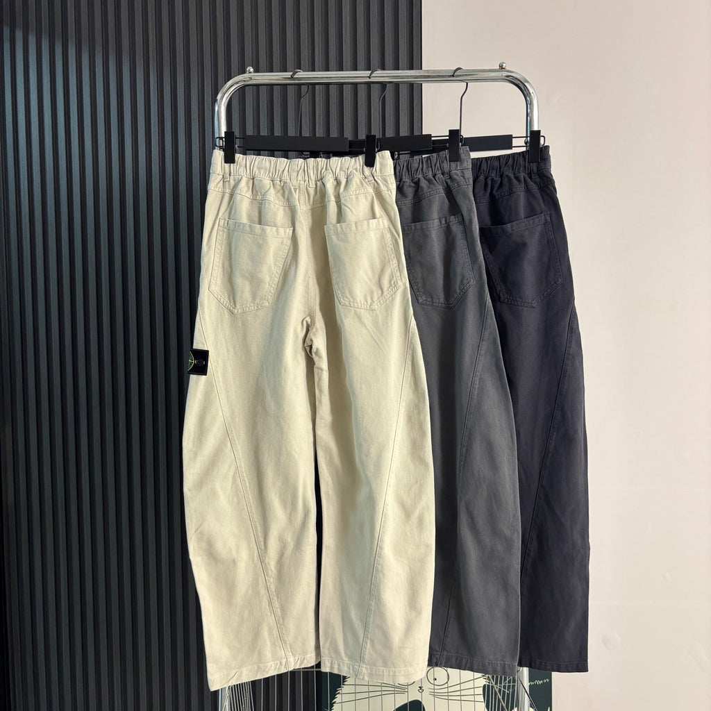 Stone Island Curved-Seam Wide Straight Cargo Trousers with Compass Badge