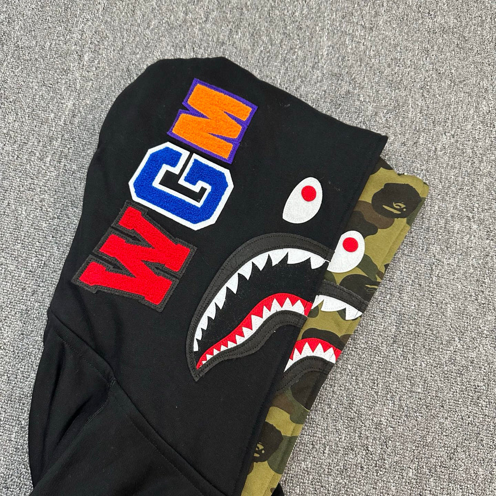 BAPE SS25 Shark Full-Zip Double Hood Hoodie — Color-Block Camo