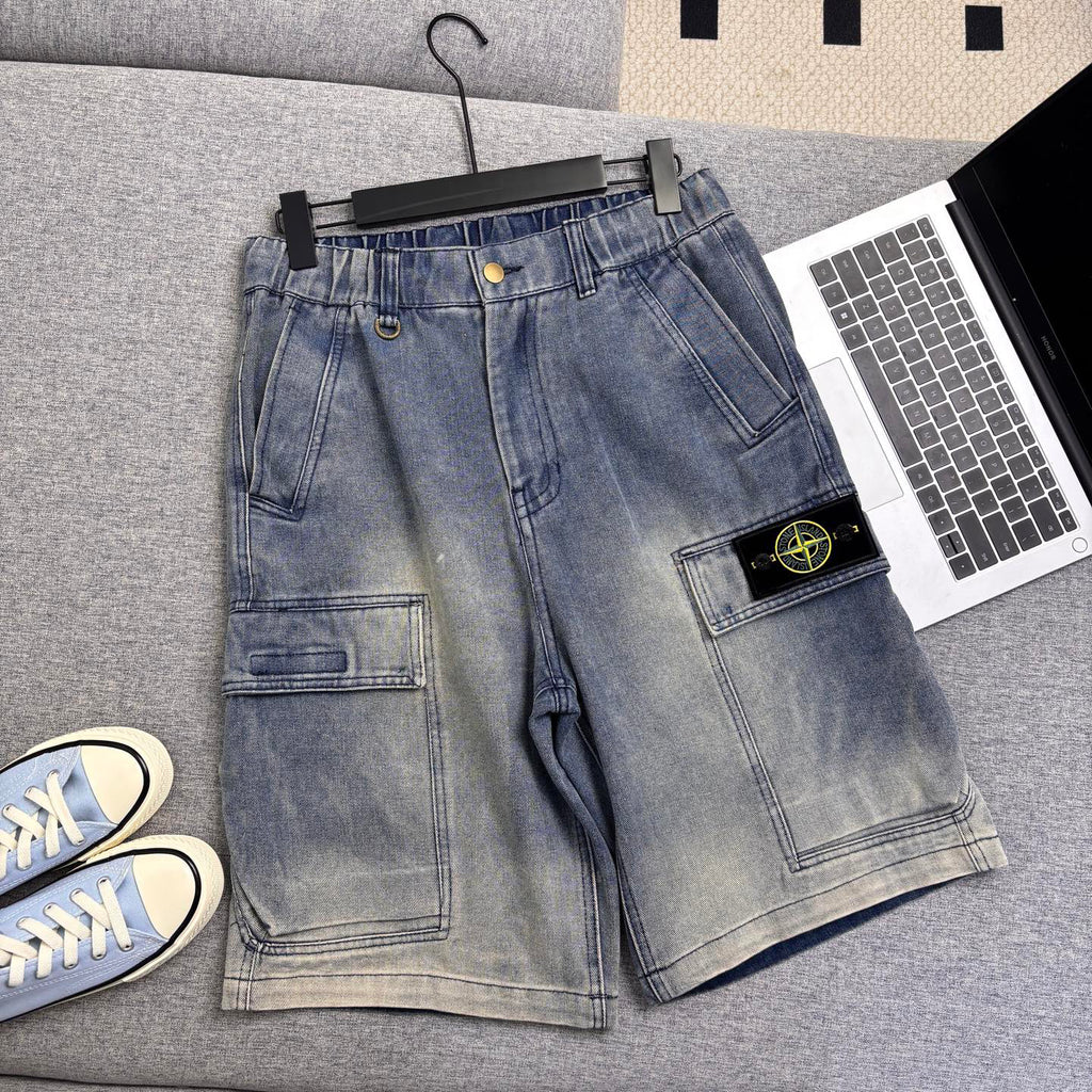 Stone Island Washed Denim Cargo Shorts with Front Patch Pockets and Compass Badge