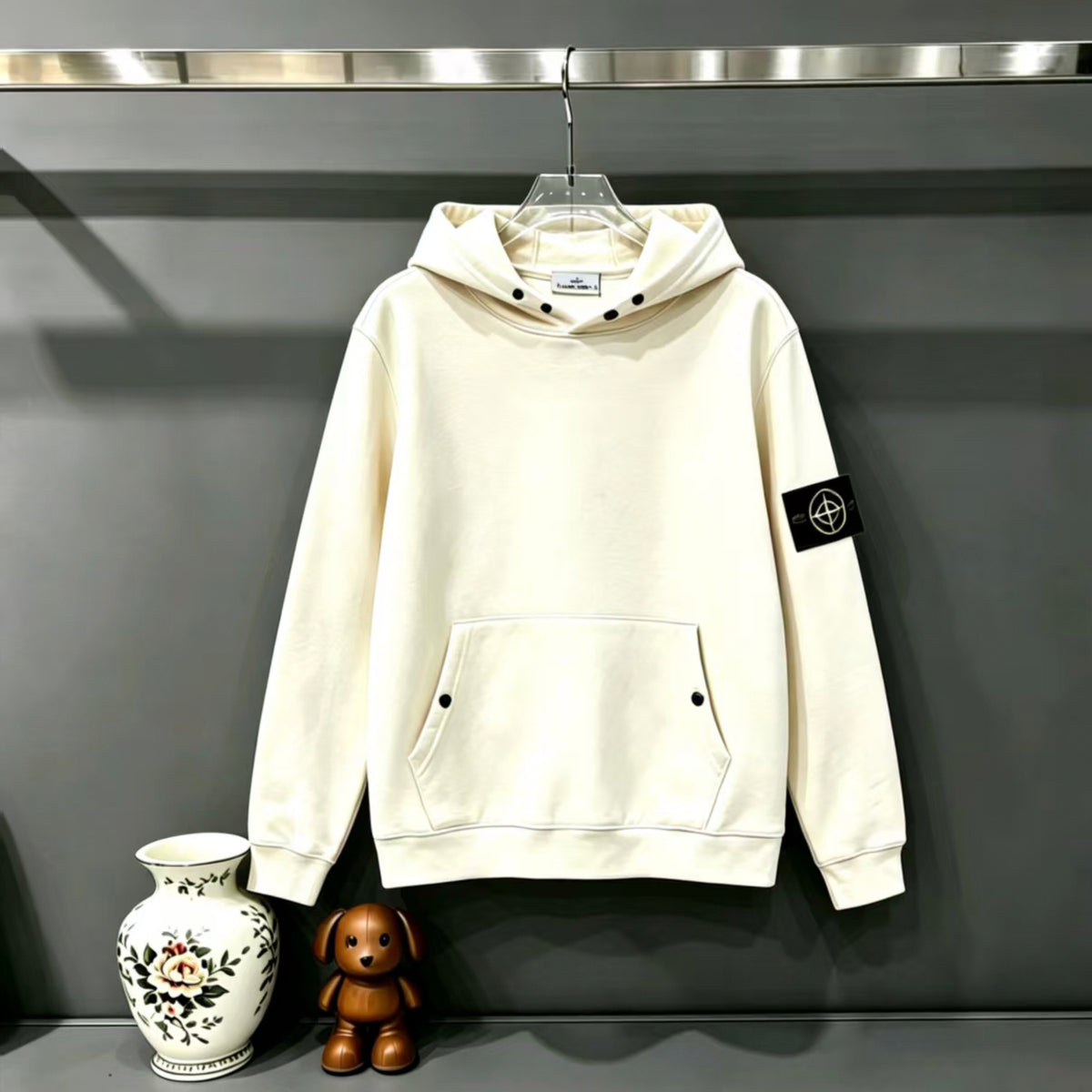 Stone Island Compass Badge Snap-Detail Pullover Hoodie Sweatshirt