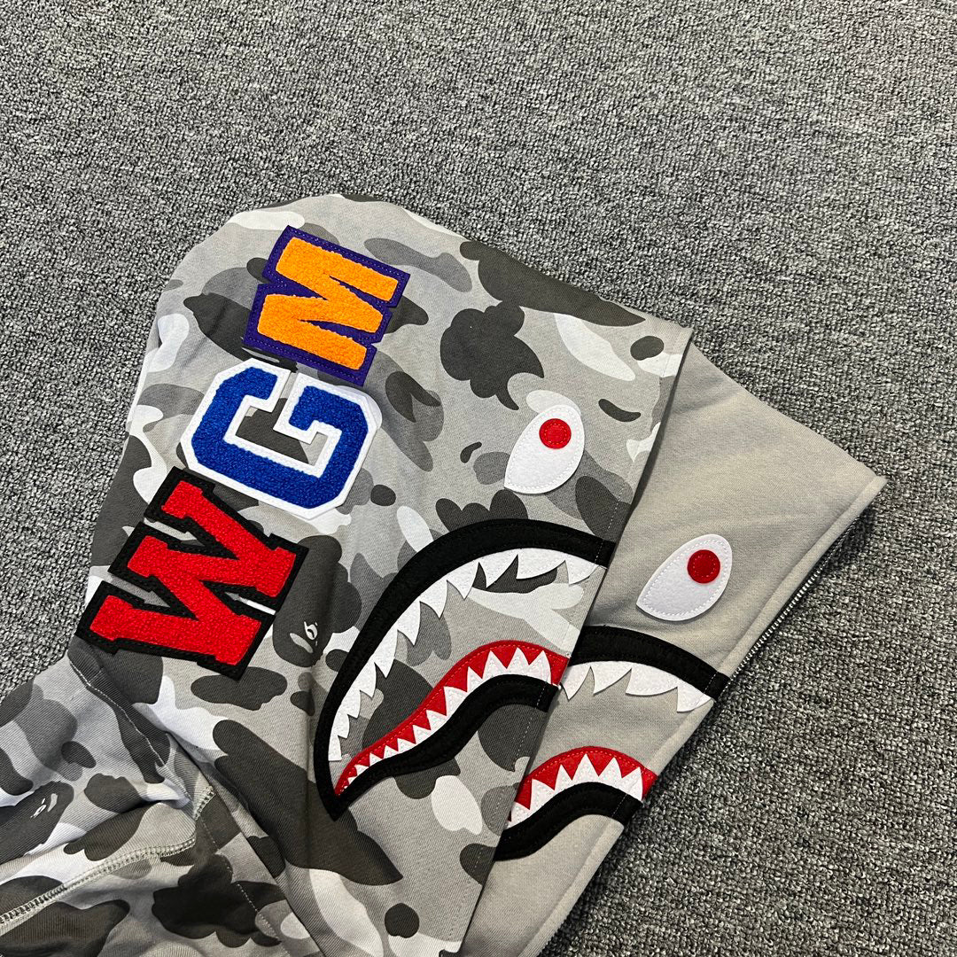 BAPE WGM Shark Full-Zip Double Hood Hoodie — City Camo Gray / Forest Green ABC Camo