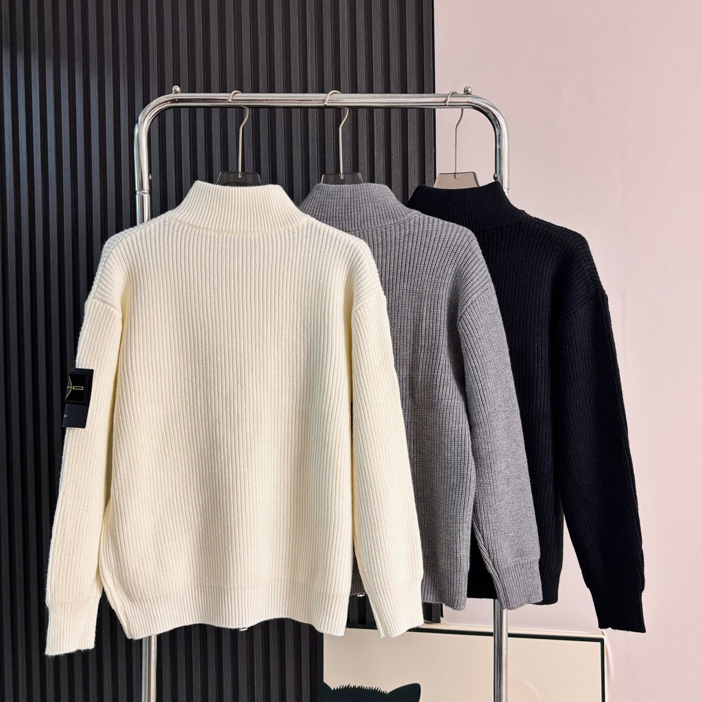 Stone Island Chunky-Rib Full-Zip Knit Cardigan with Compass Badge