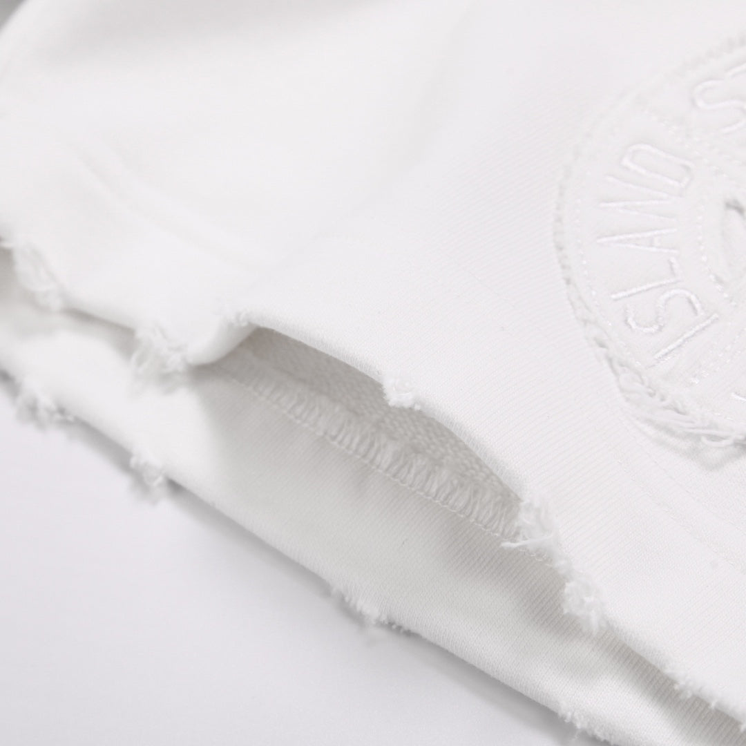 Stone Island Washed Cotton Fleece Shorts with Tonal Embroidered Compass Badge and Raw Cut Hem