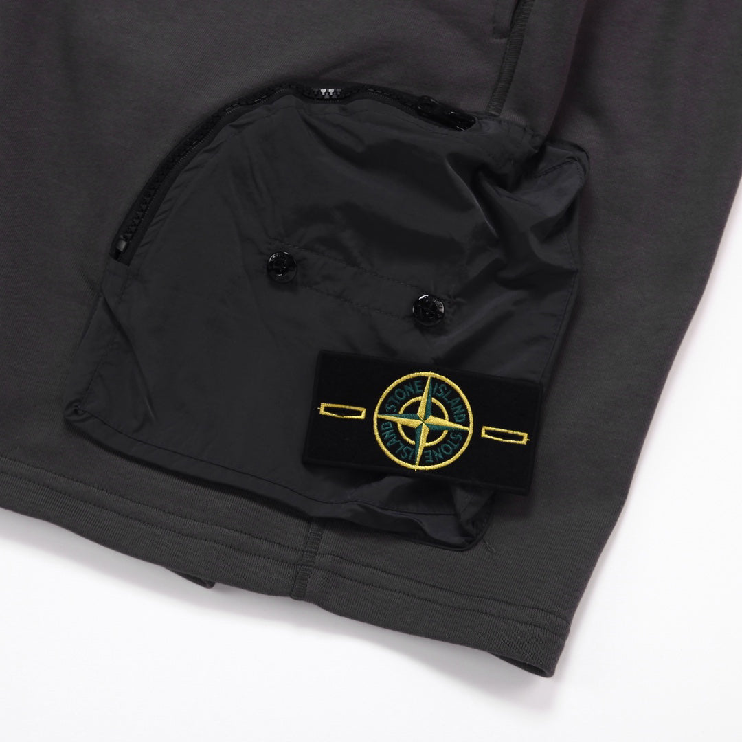 Stone Island Cotton Fleece Cargo Shorts with Nylon Cargo Pocket and Yellow-Green Compass Badge