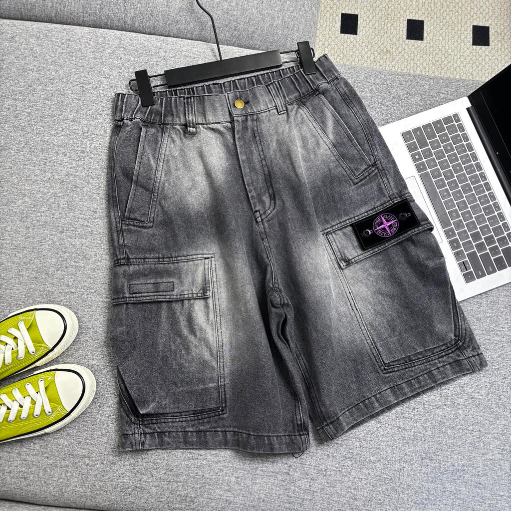 Stone Island Washed Denim Cargo Shorts with Front Patch Pockets and Compass Badge
