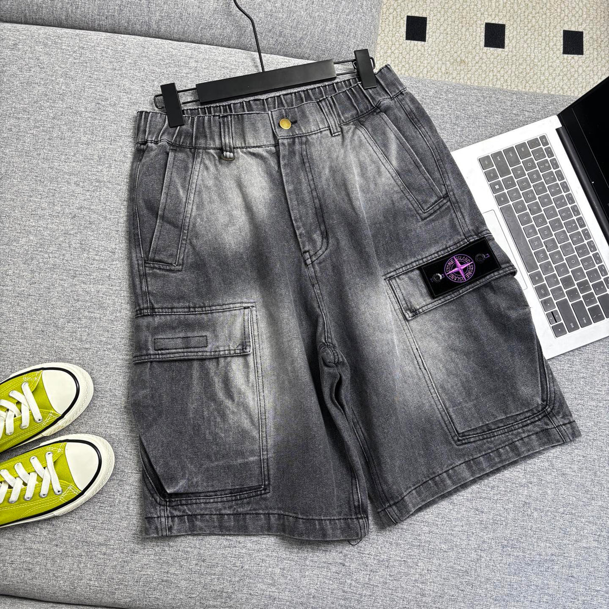 Stone Island Washed Denim Cargo Shorts with Front Patch Pockets and Compass Badge