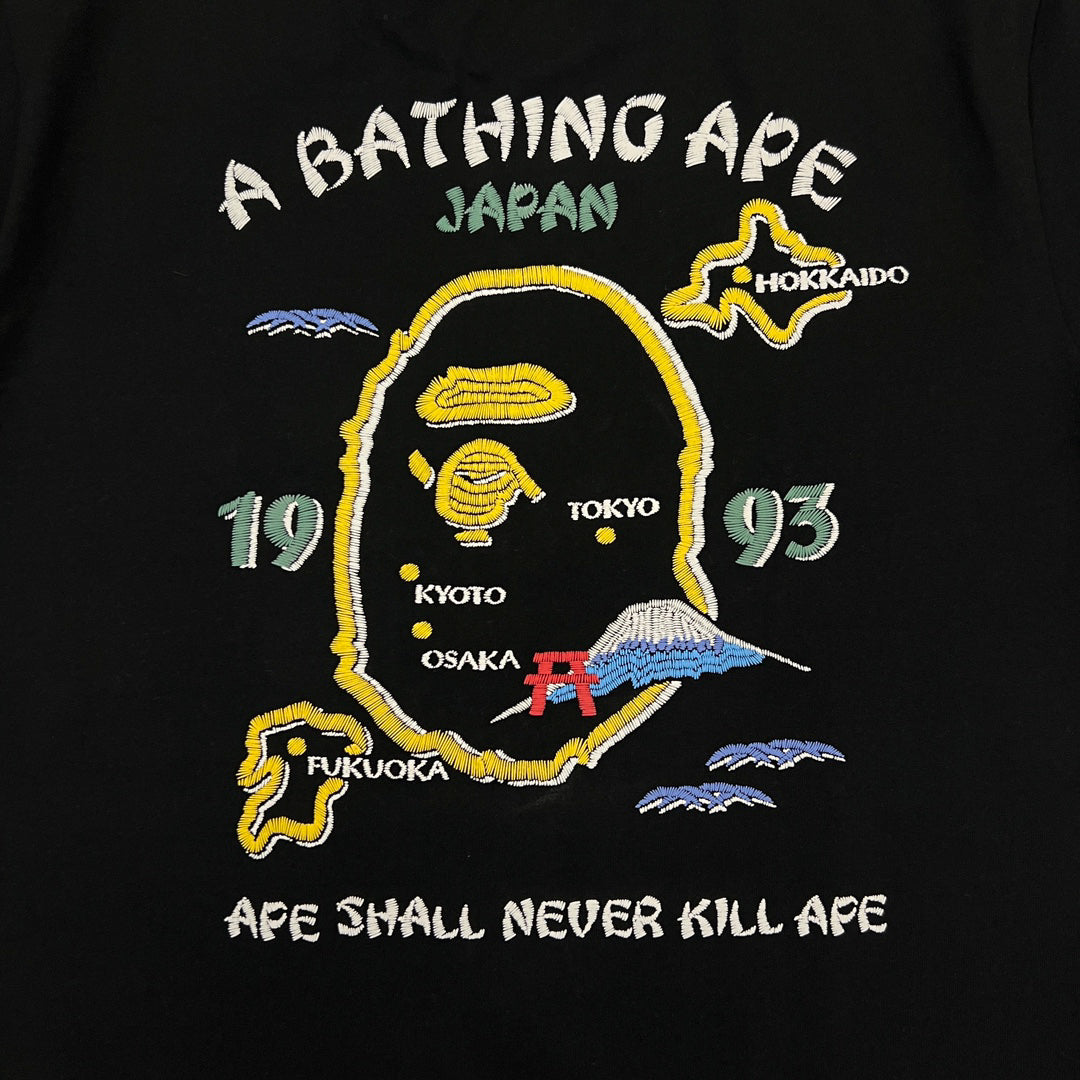 BAPE Souvenir Yokosuka Samurai Ape Head Puff Print Tee Oversized Unisex T-Shirt — Front Left Chest + Full Back