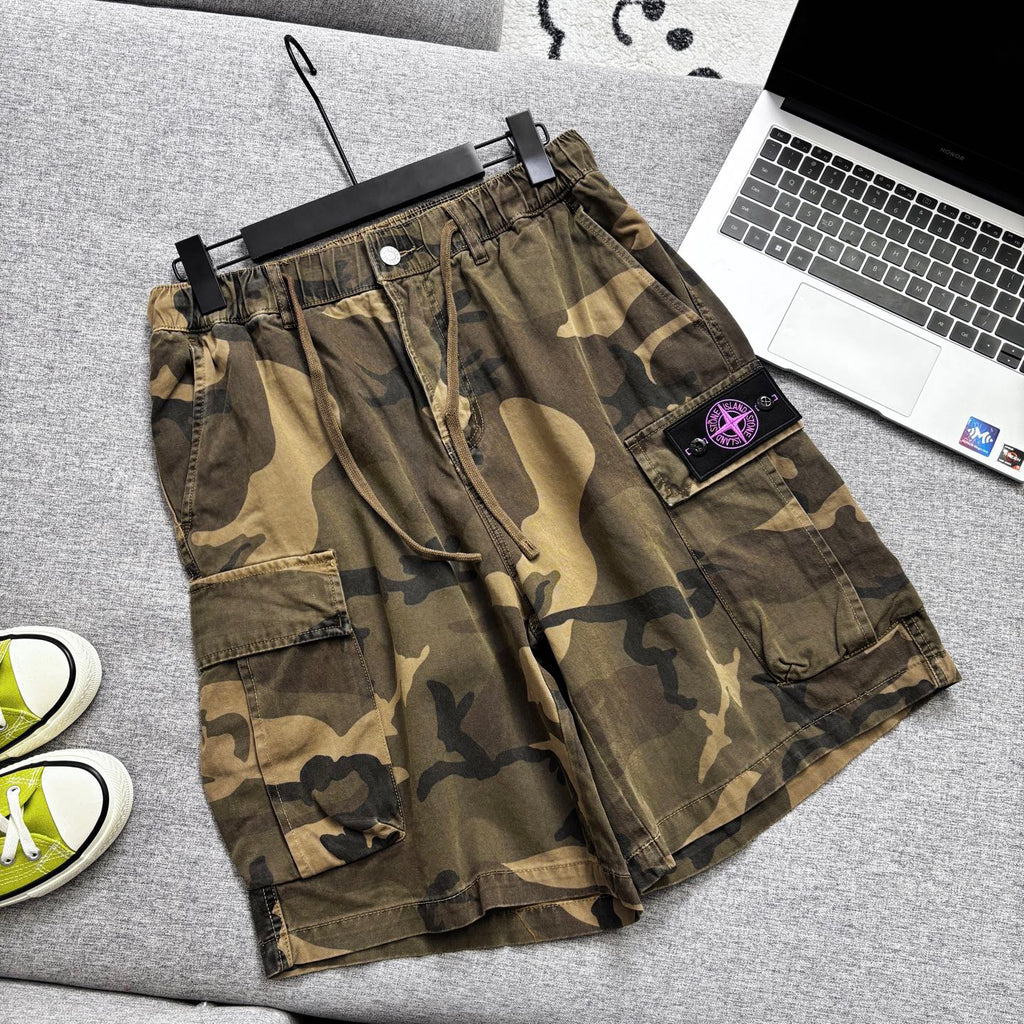 Stone Island Vintage Camouflage Cargo Shorts with Flap Pockets and Compass Badge