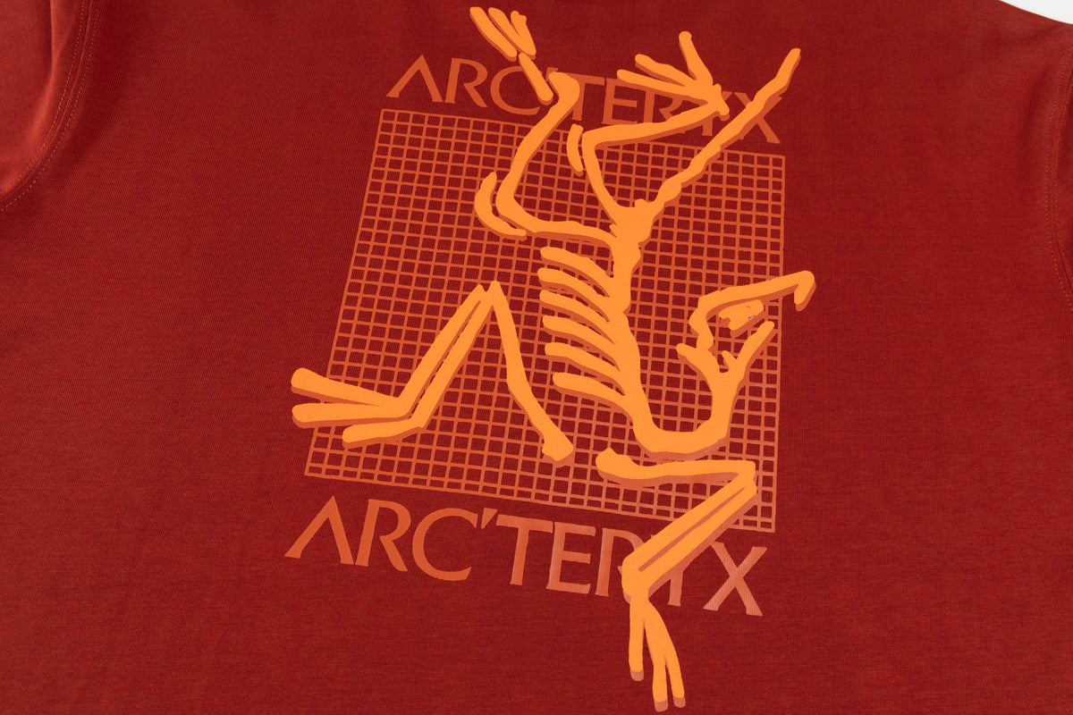 Arc'teryx Small Bird Logo Front and Grid Large Bird Graphic Back Crew Neck Short‑Sleeve T‑Shirt, Unisex Relaxed Fit Tee