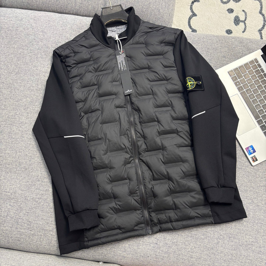 Stone Island Hybrid Down Jacket with Geometric Quilting and Compass Badge