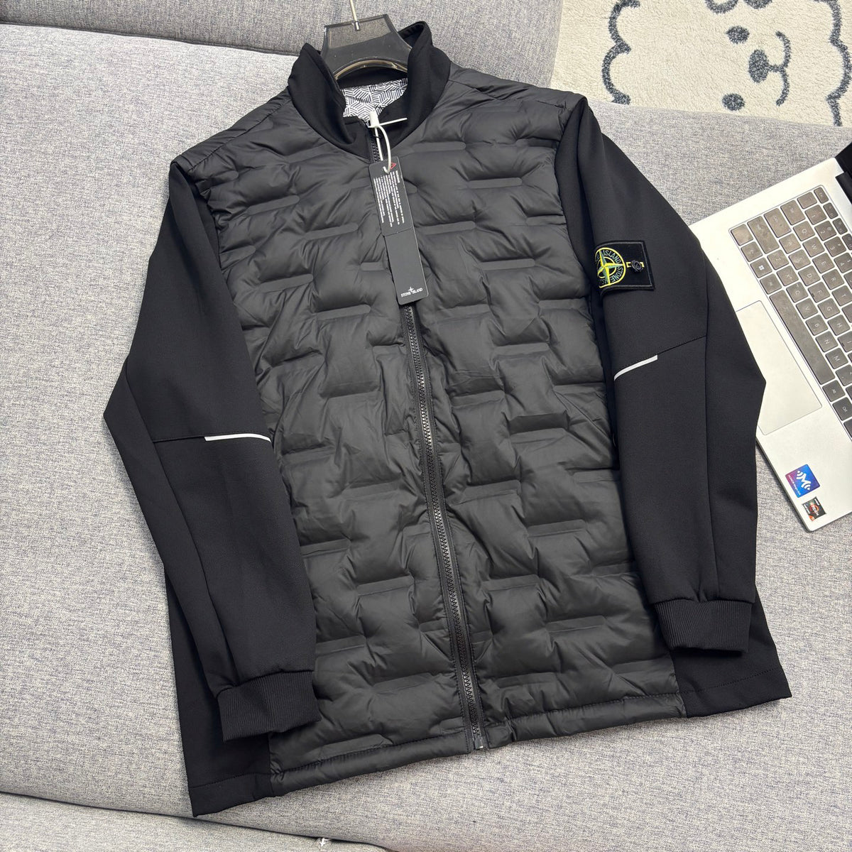 Stone Island Hybrid Down Jacket with Geometric Quilting and Compass Badge