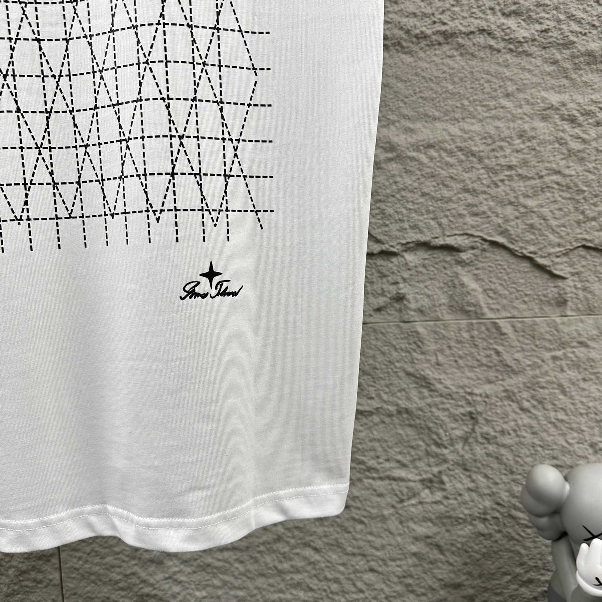Stone Island Script Logo Embroidery T-Shirt with Dashed Geometric Lattice Back Print