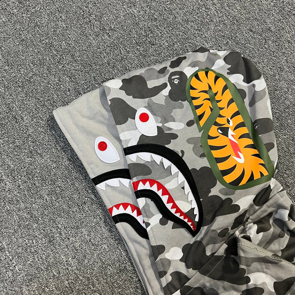 BAPE WGM Shark Full-Zip Double Hood Hoodie — City Camo Gray / Forest Green ABC Camo
