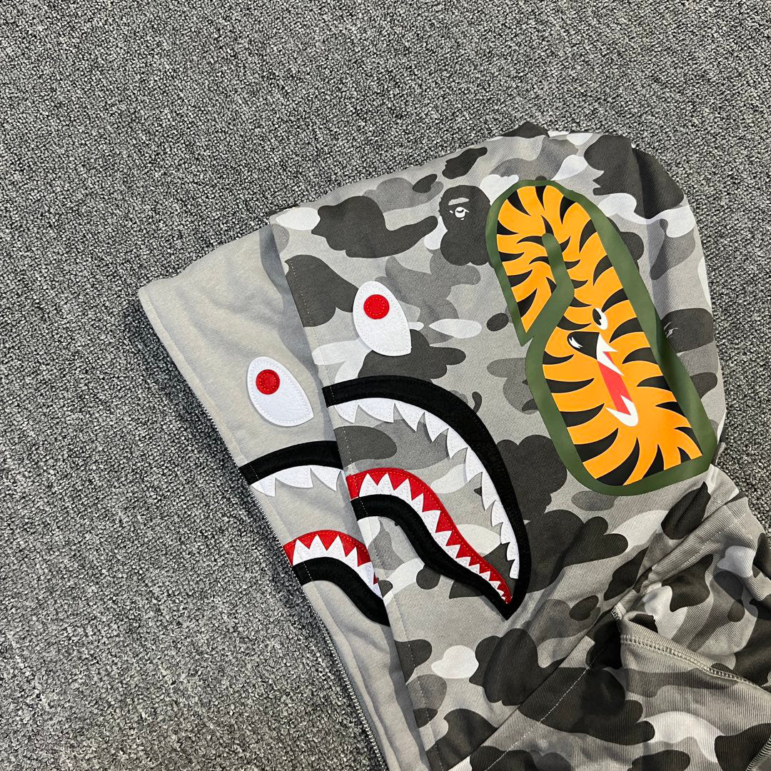 BAPE WGM Shark Full-Zip Double Hood Hoodie — City Camo Gray / Forest Green ABC Camo