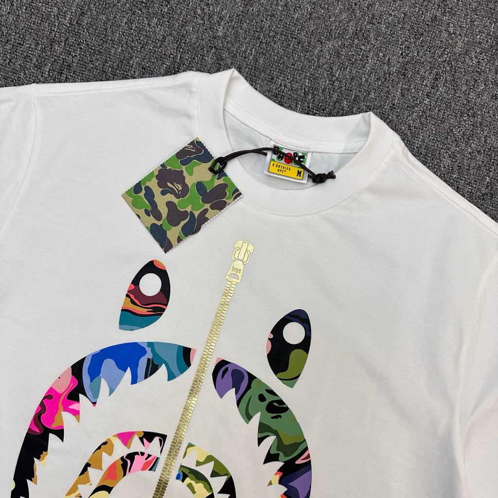 BAPE Art Camo Multicolor Patchwork Shark Face Zip Oversized Heavyweight Unisex T-Shirt