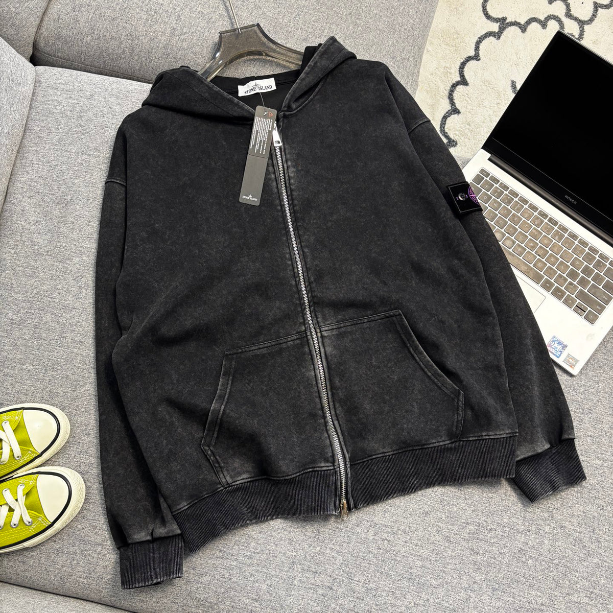Stone Island Washed Zip-Up Hoodie with Purple Compass Badge