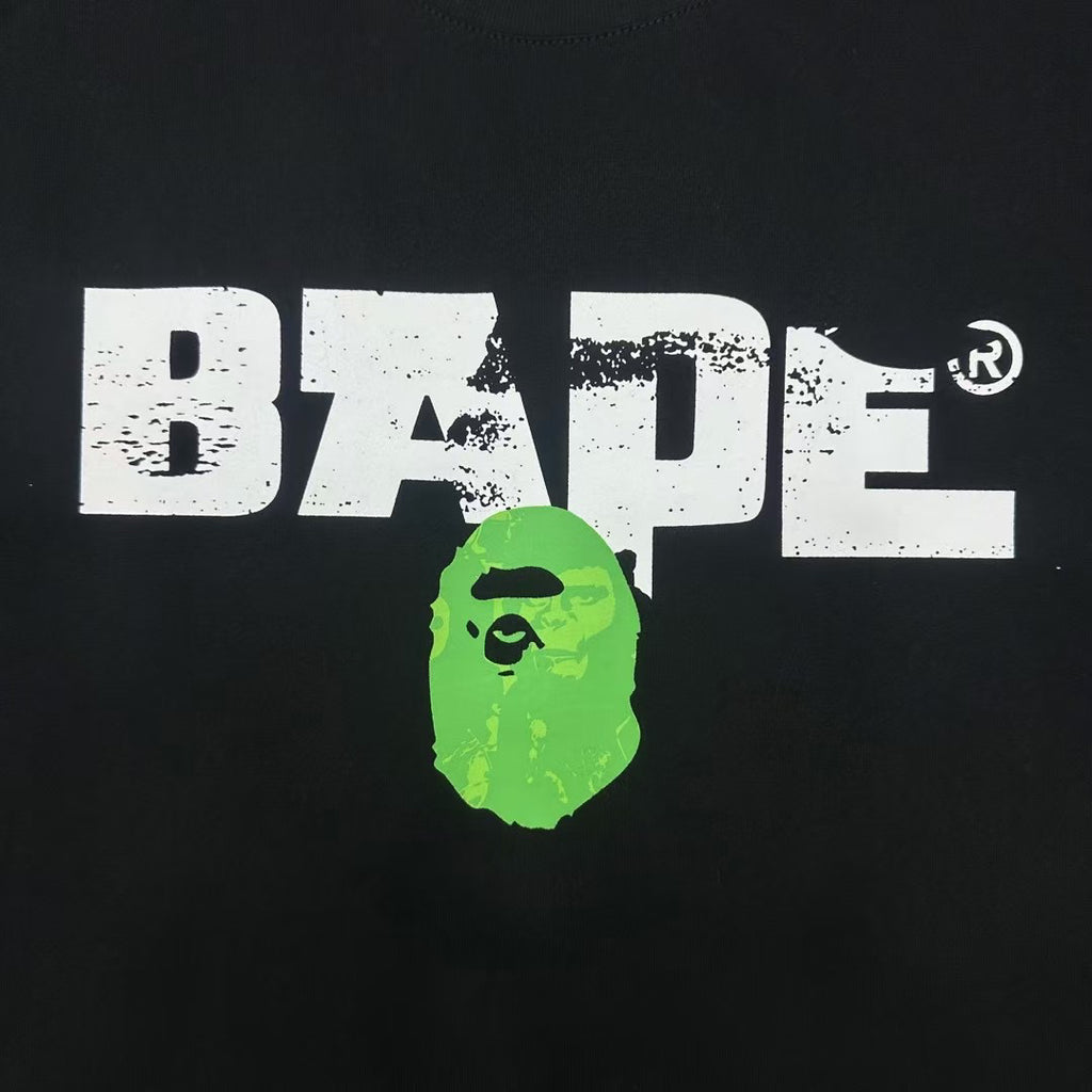 BAPE SS25 Ape Head Interlocking Distressed Block Logo & Neon Green Army Squad Back Print Oversized Heavyweight Unisex T-Shirt