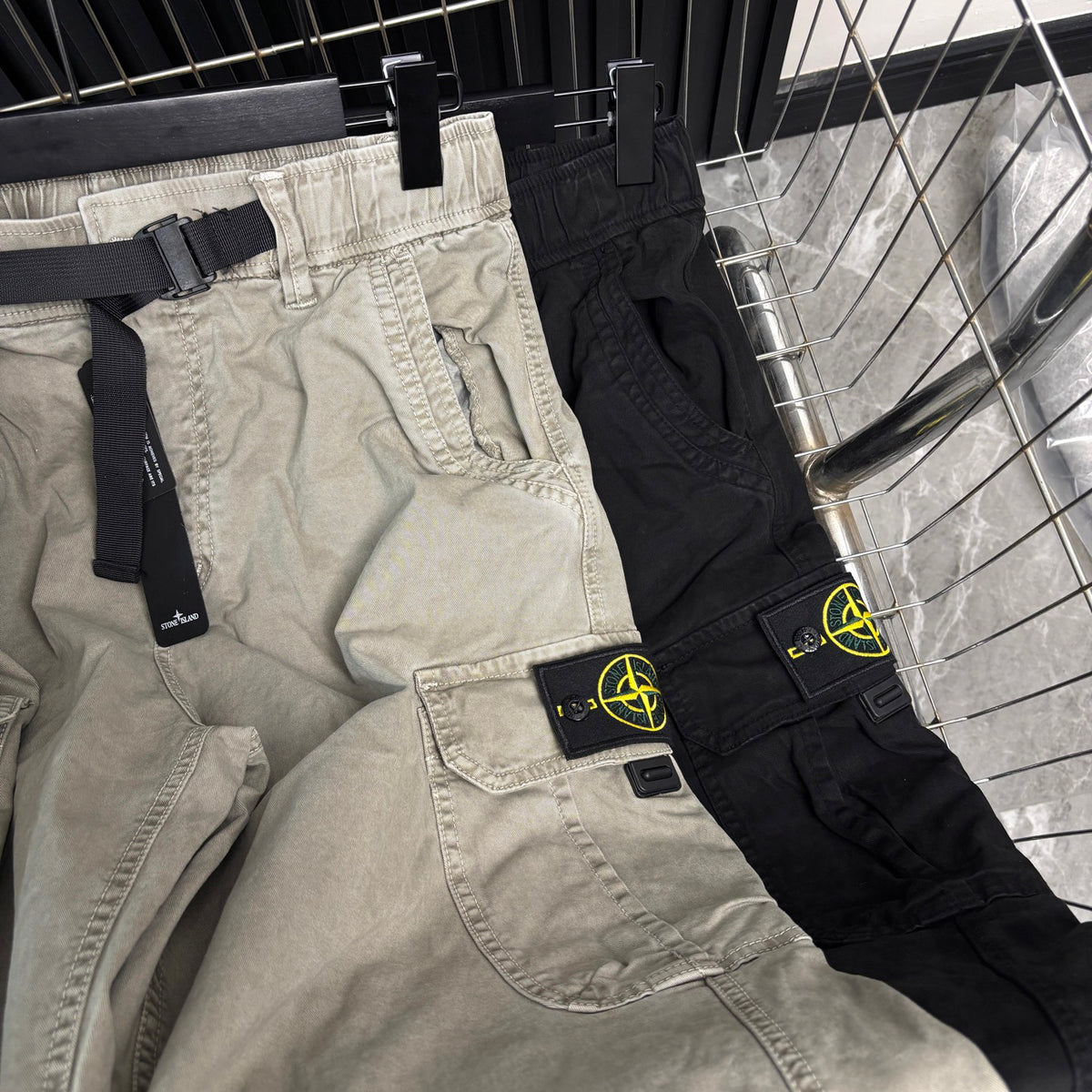 Stone Island Washed Multi-Pocket Cargo Trousers with Buckle Belt and Compass Badge