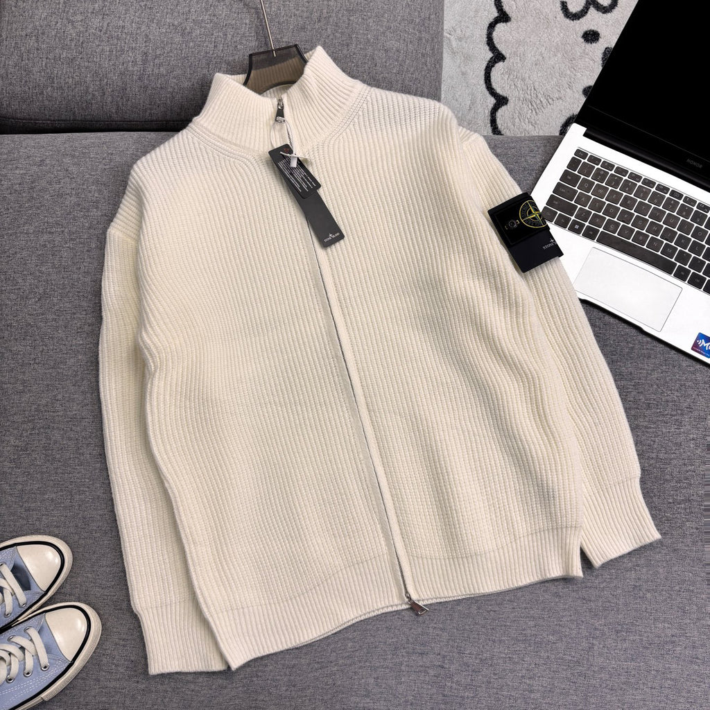 Stone Island Chunky-Rib Full-Zip Knit Cardigan with Compass Badge