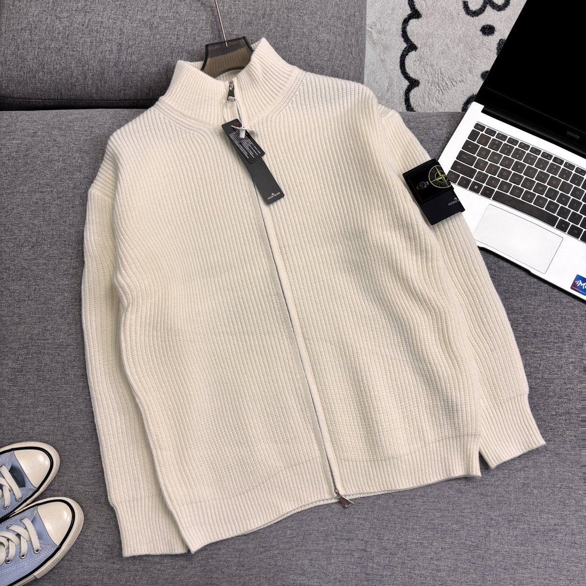 Stone Island Chunky-Rib Full-Zip Knit Cardigan with Compass Badge