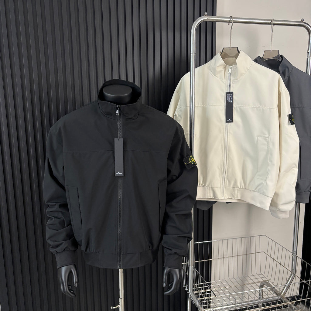 Stone Island Stand Collar Oversized Jacket with Large Patch Pockets and Compass Badge