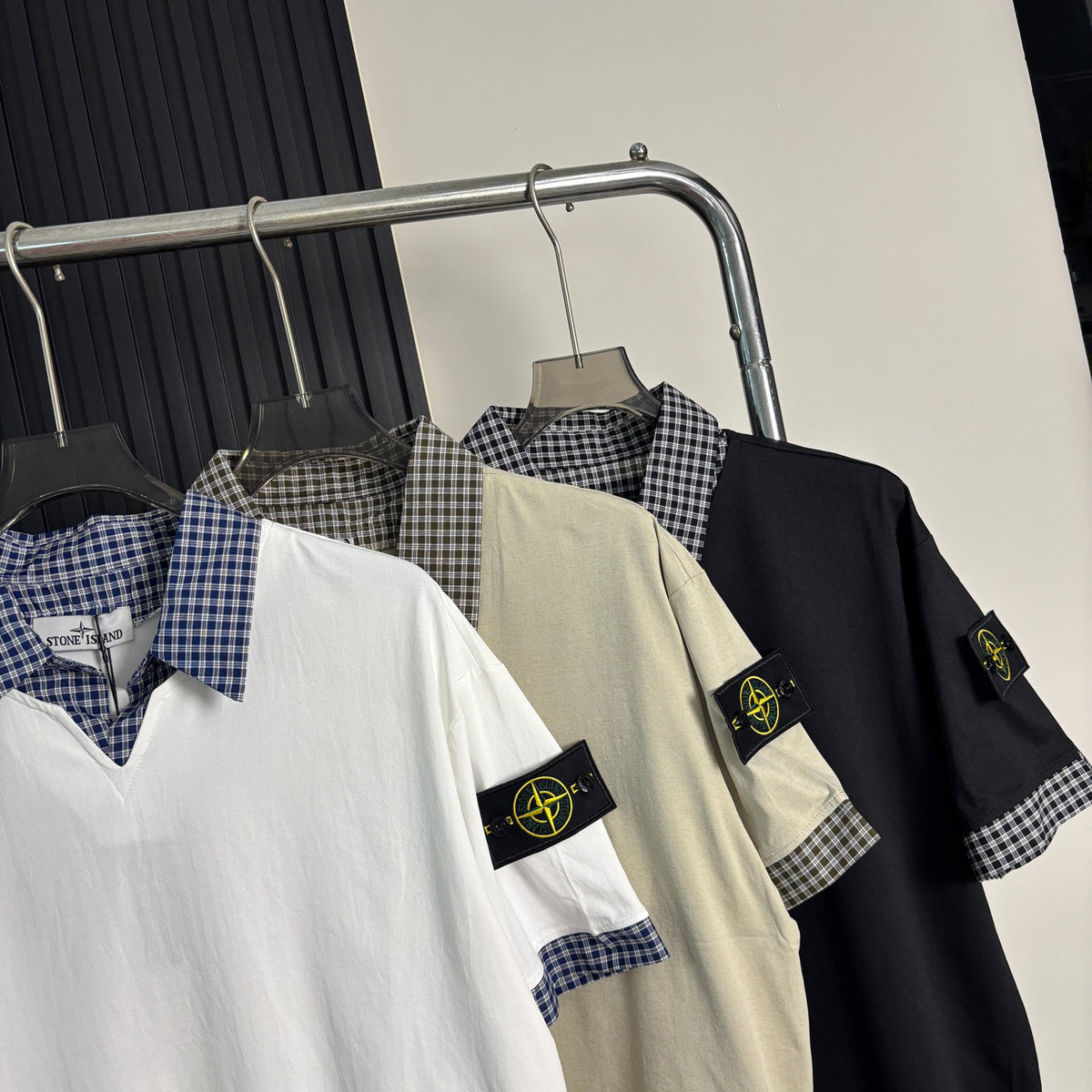 Stone Island Faux Two-Piece Short Sleeve Top with Gingham Collar