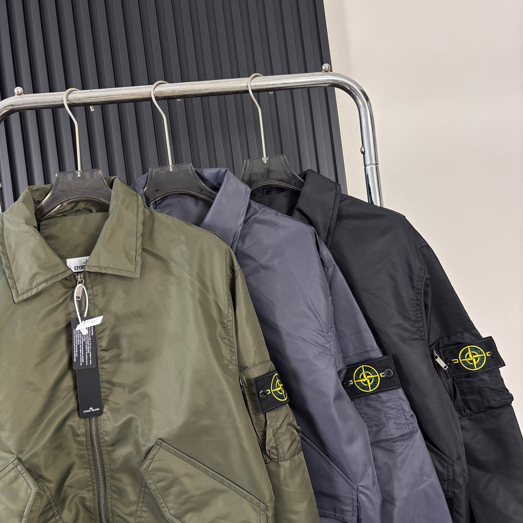 Stone Island Nylon Bomber Jacket with Point Collar and Compass Badge