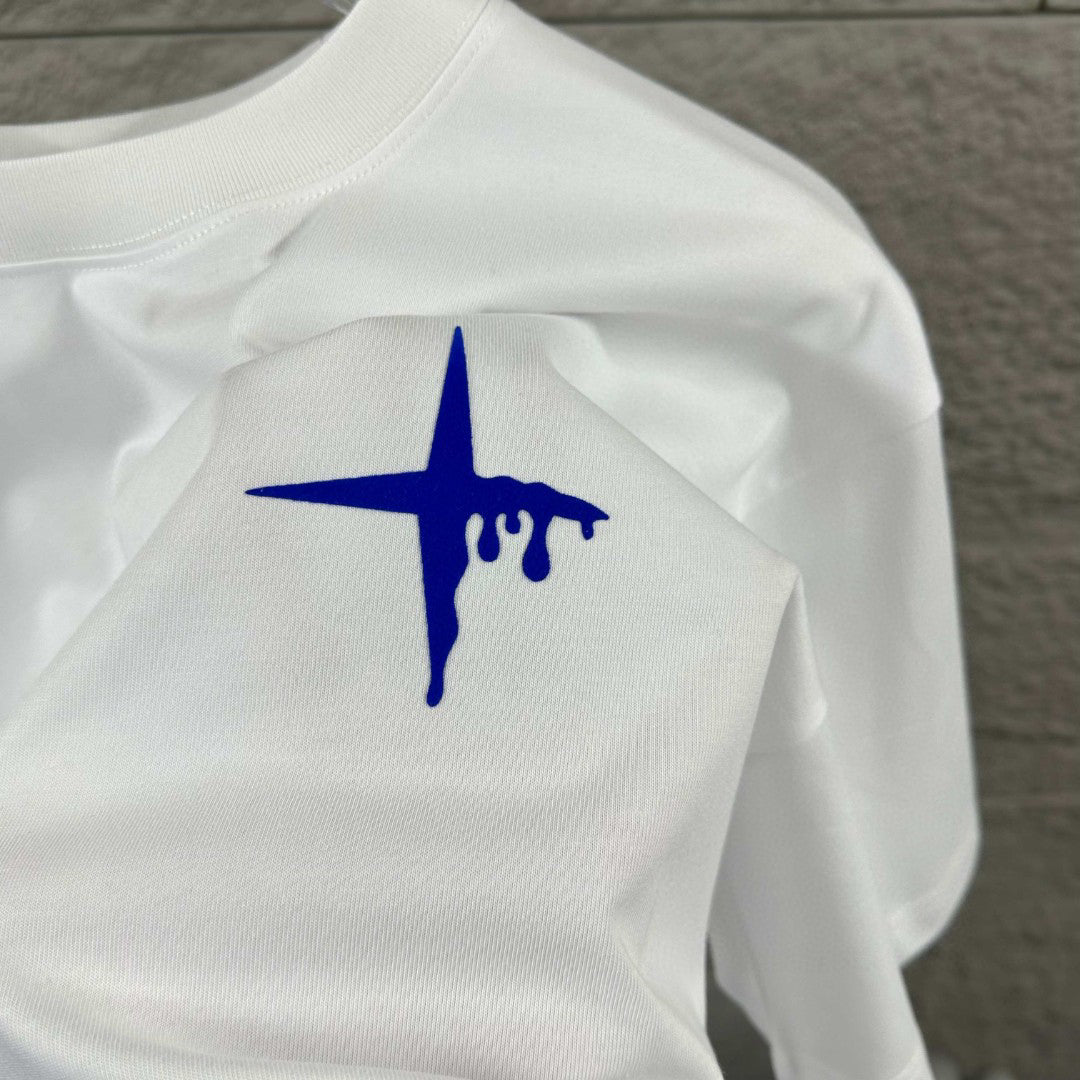 Stone Island Melting Compass Rose 3D Flock Print T-Shirt - Cobalt Blue Star at Chest, Oversized Melting Badge at Back