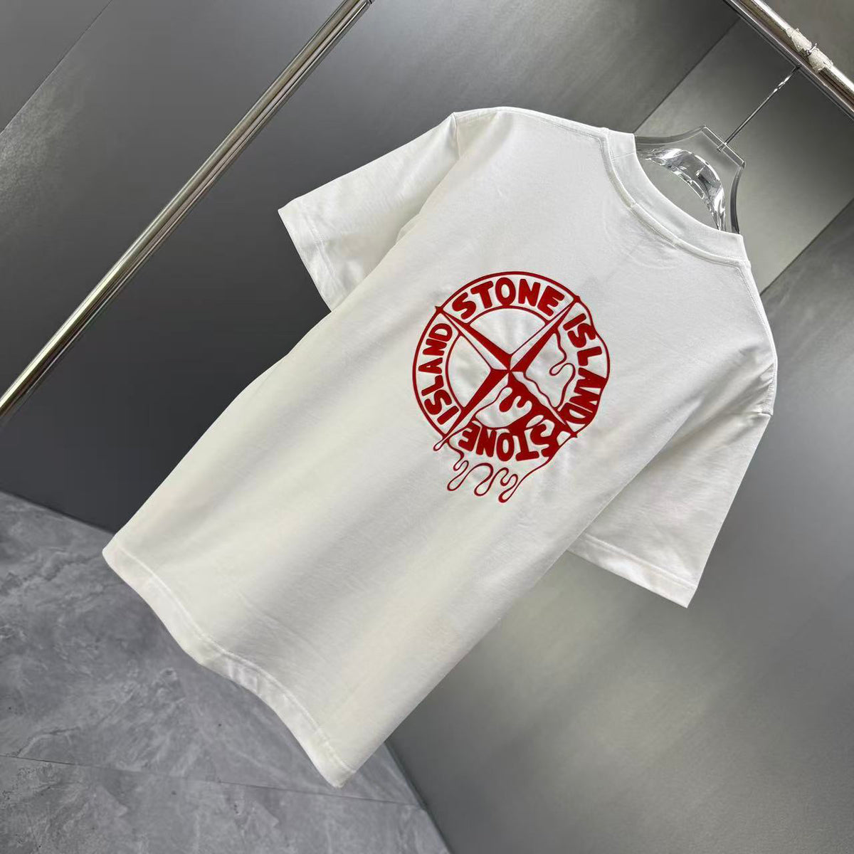 Stone Island Spring–Summer 2026 T-Shirt — Flock-Print Bubble Letter Logo, Compass Star Centre Chest