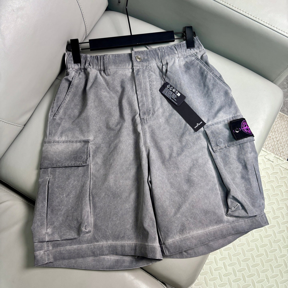 Stone Island Washed Lustrous Cargo Shorts with Double Flap Pockets and Compass Badge