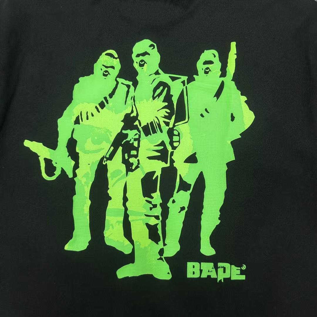 BAPE SS25 Ape Head Interlocking Distressed Block Logo & Neon Green Army Squad Back Print Oversized Heavyweight Unisex T-Shirt