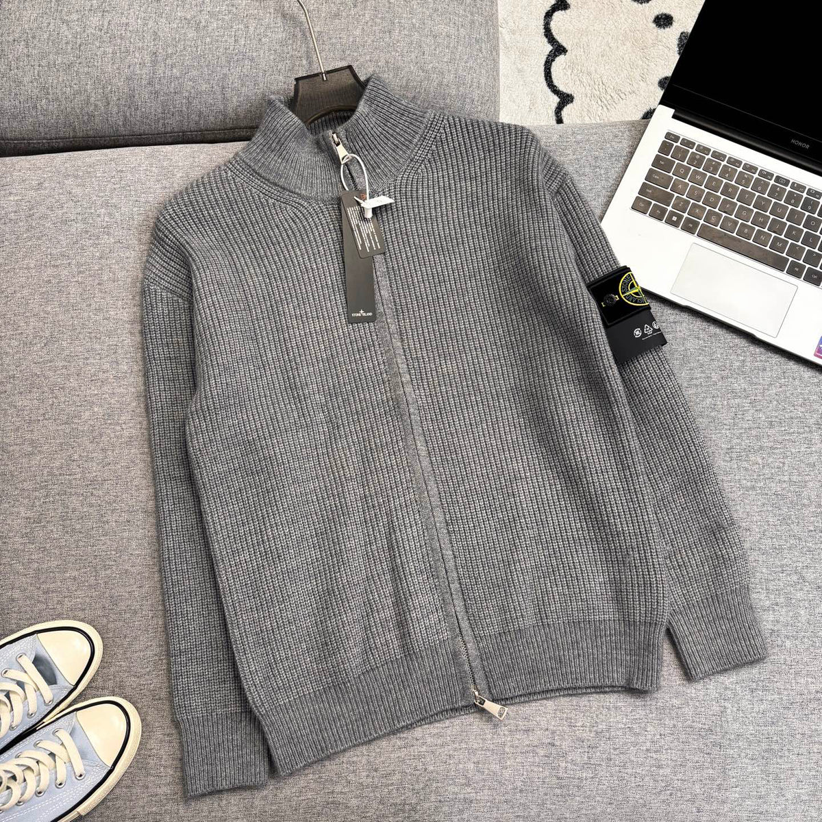 Stone Island Chunky-Rib Full-Zip Knit Cardigan with Compass Badge