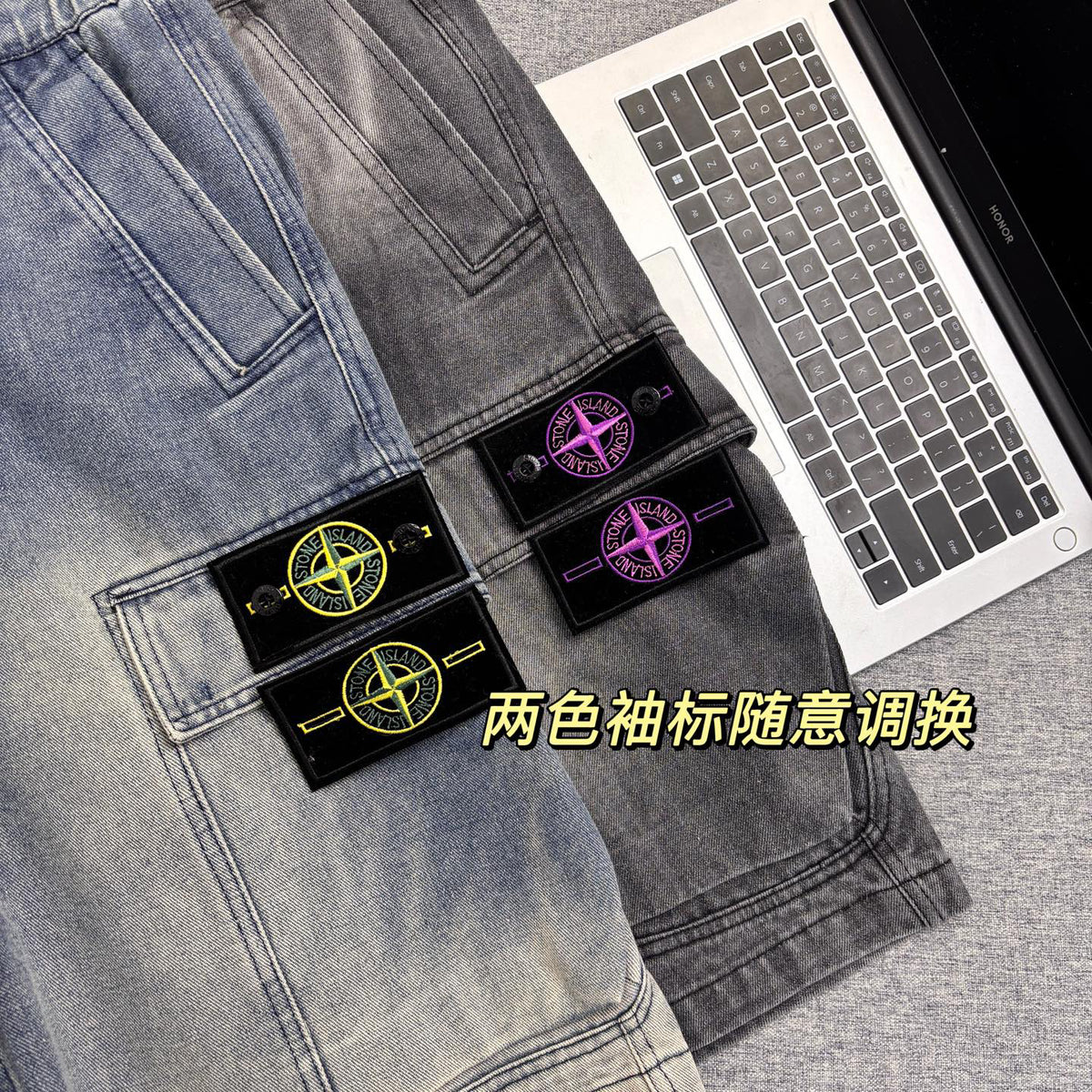 Stone Island Washed Denim Cargo Shorts with Front Patch Pockets and Compass Badge