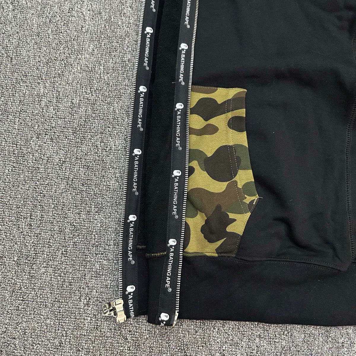 BAPE SS25 Shark Full-Zip Double Hood Hoodie — Color-Block Camo