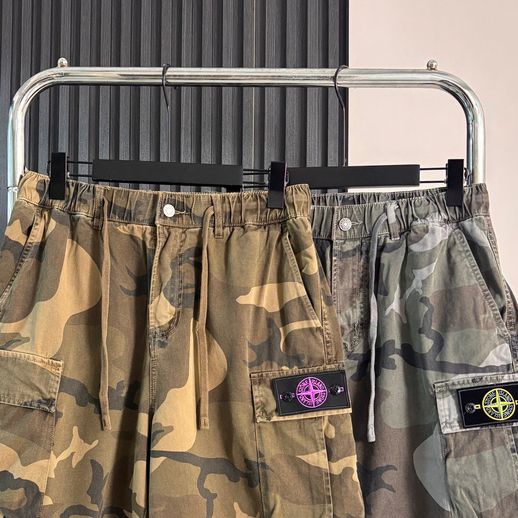 Stone Island Vintage Camouflage Cargo Shorts with Flap Pockets and Compass Badge