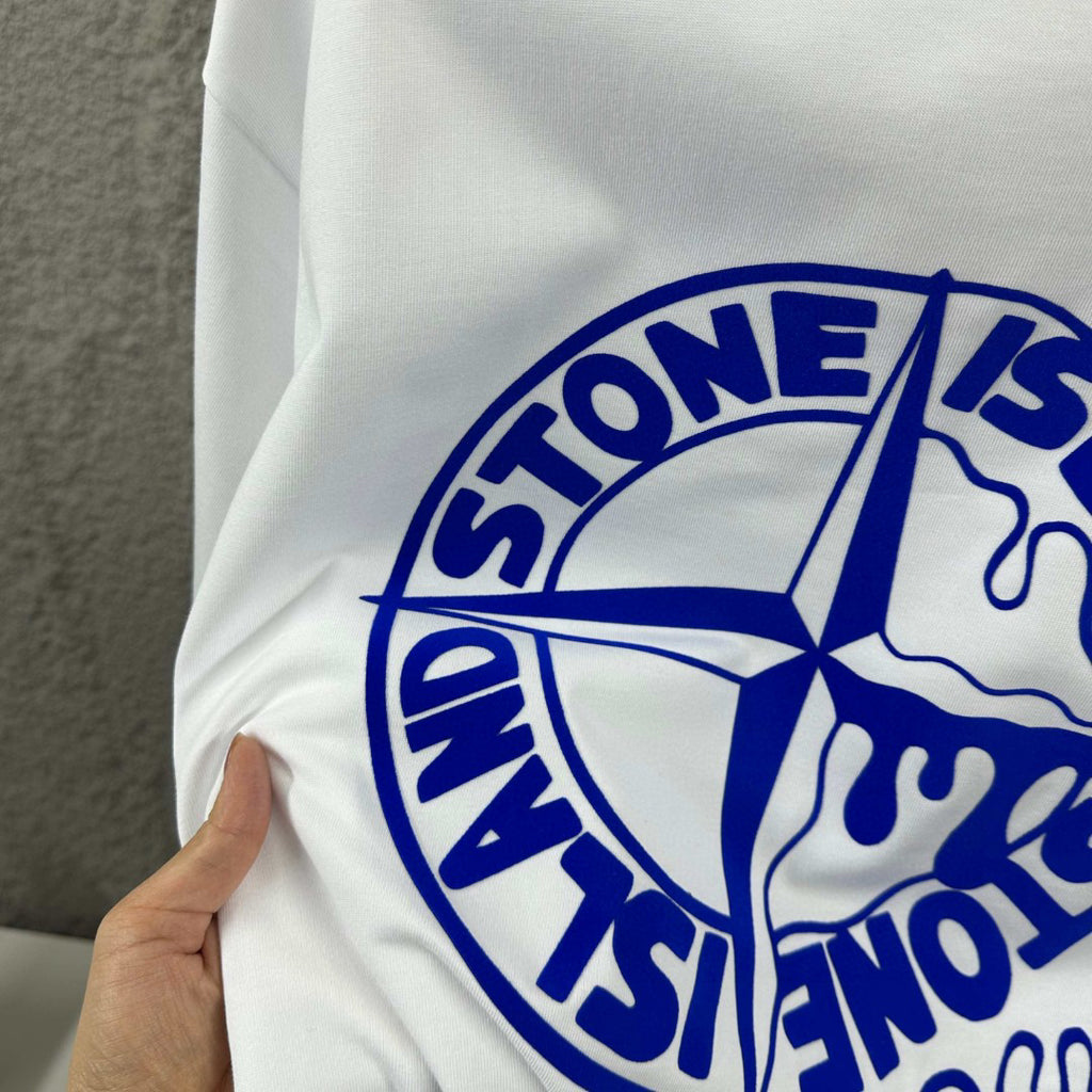 Stone Island Melting Compass Rose 3D Flock Print T-Shirt - Cobalt Blue Star at Chest, Oversized Melting Badge at Back