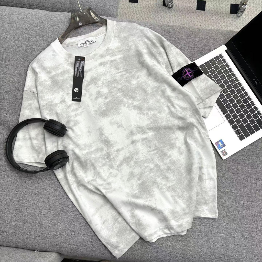 Stone Island Garment-Washed Cloud Pattern Oversized Cotton Tee with Compass Badge
