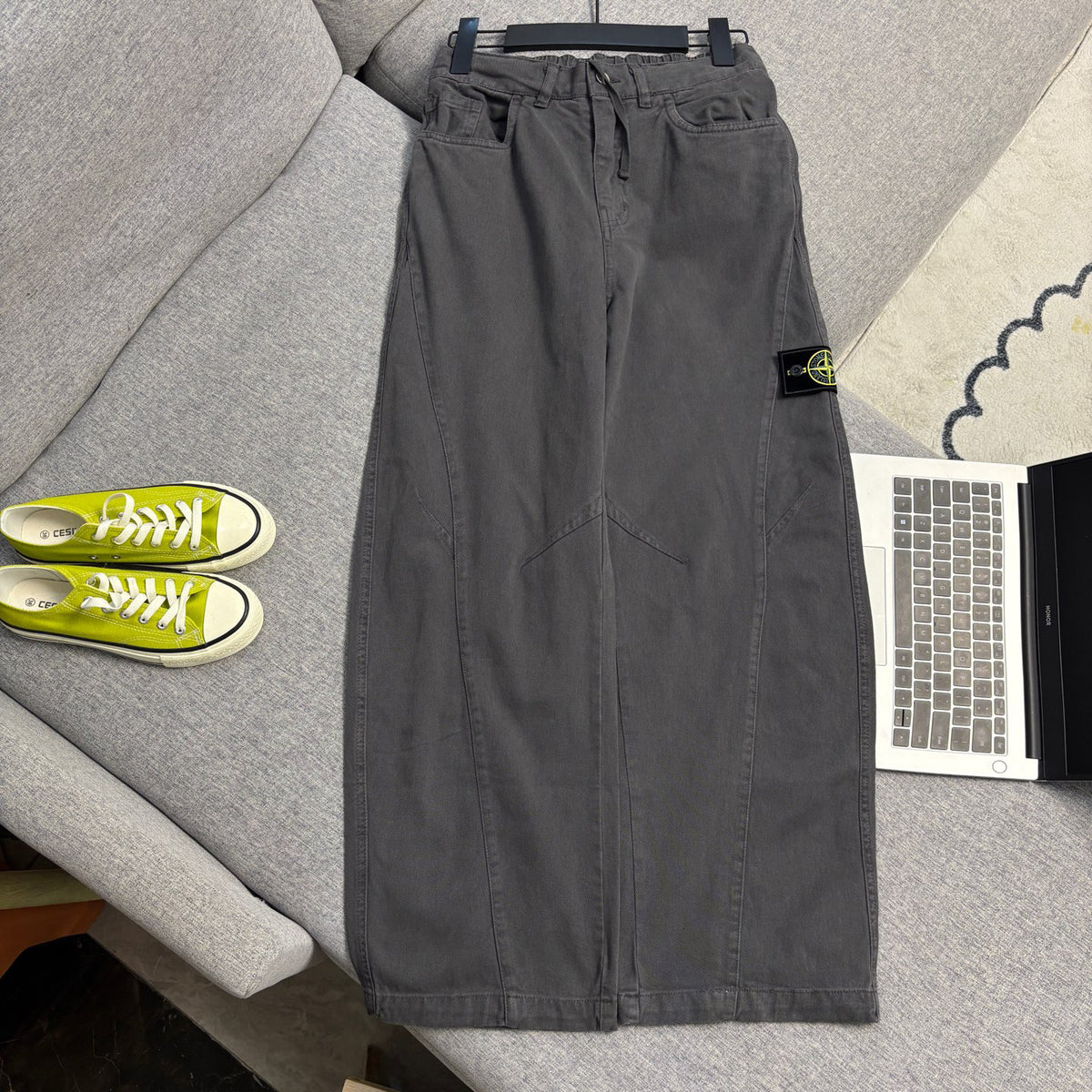 Stone Island Curved-Seam Wide Straight Cargo Trousers with Compass Badge