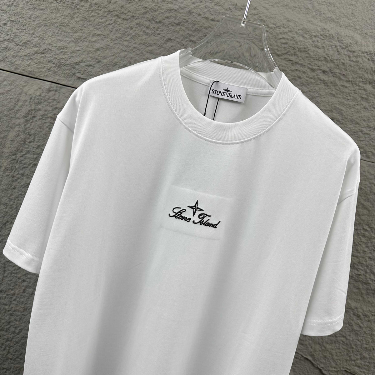 Stone Island Script Logo Embroidery T-Shirt with Dashed Geometric Lattice Back Print