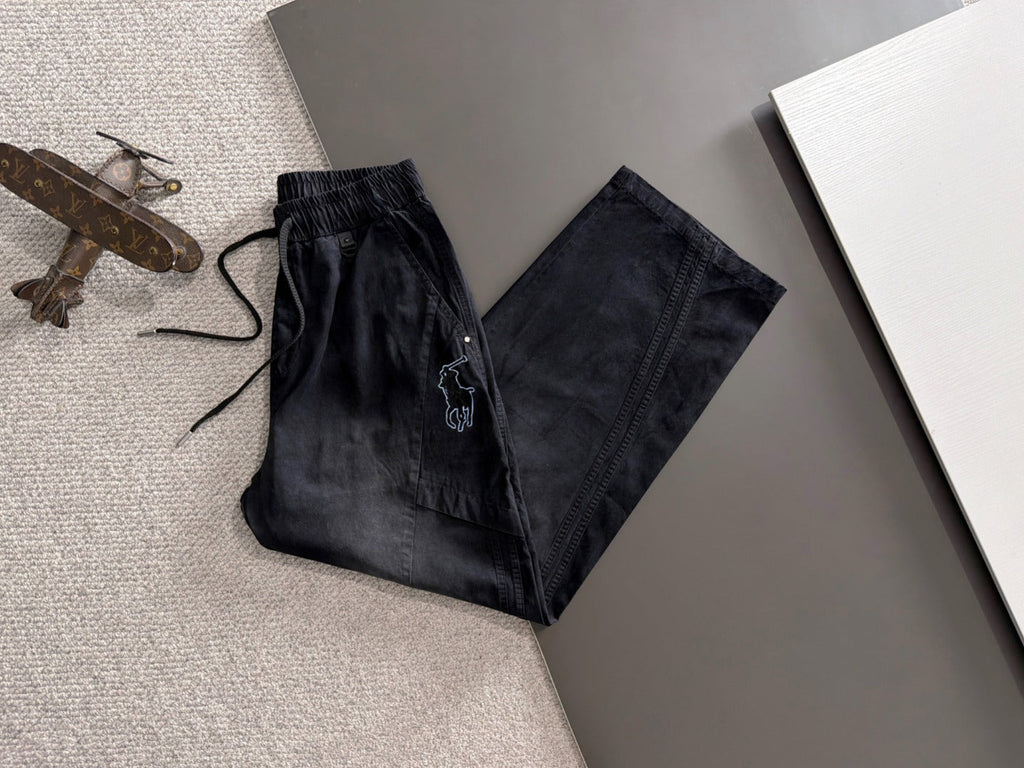 Men's Elastic Drawstring Wide‑Leg Casual Pants, Rider Embroidery Stitched Panel Trousers