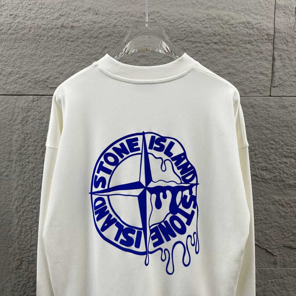 Stone Island Early Autumn–Winter 2026 Sweatshirt — Dripping Compass Star Flocked Logo at Left Chest, Dripping Compass Badge at Centre Back