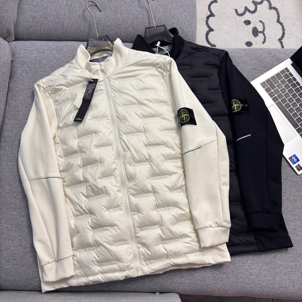 Stone Island Hybrid Down Jacket with Geometric Quilting and Compass Badge