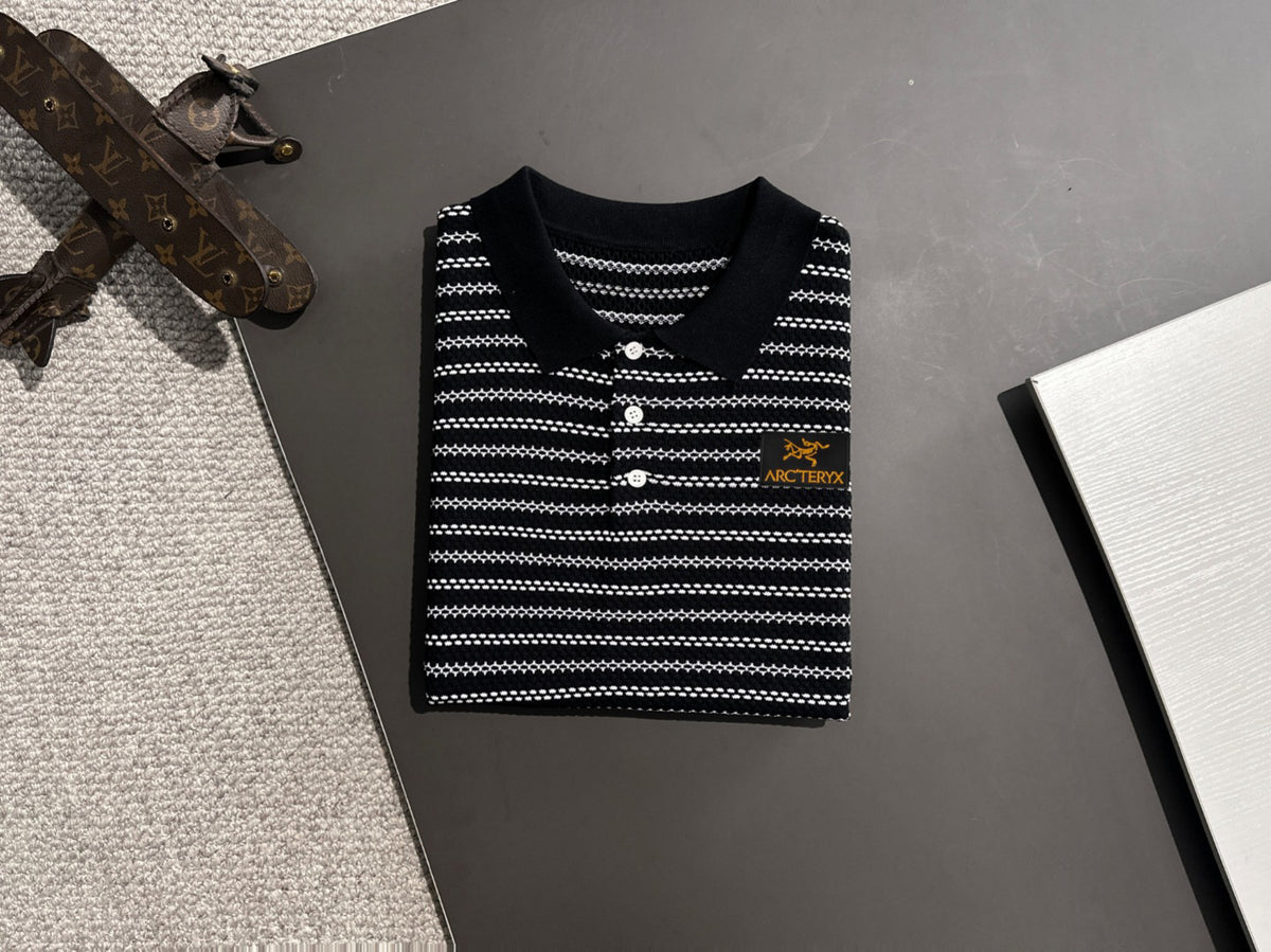 Arc'teryx Jacquard Stripe Knit Polo Shirt with Gold Bird Woven Badge