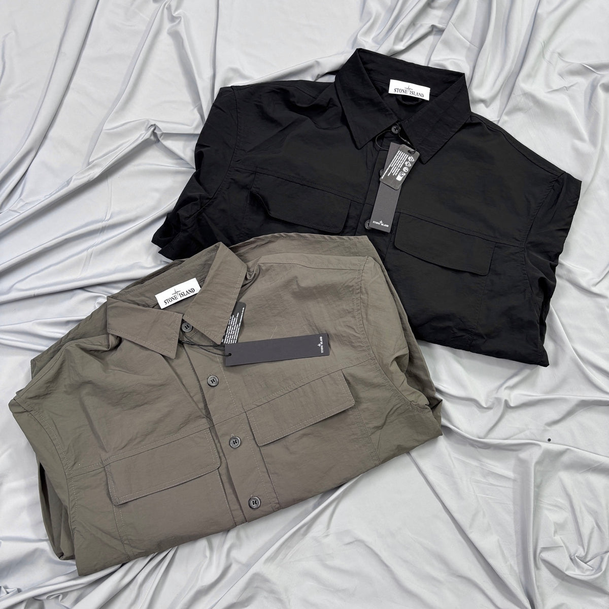Stone Island Crinkle Nylon Overshirt with Flap Chest Pockets and Compass Badge