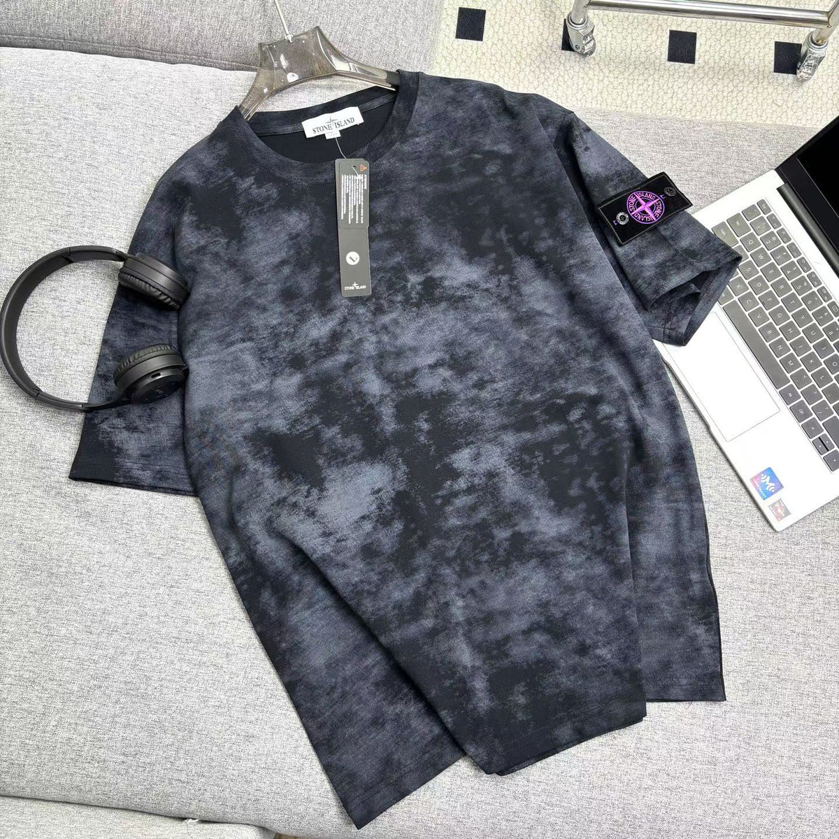 Stone Island Garment-Washed Cloud Pattern Oversized Cotton Tee with Compass Badge
