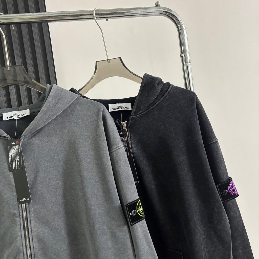 Stone Island Washed Zip-Up Hoodie with Purple Compass Badge